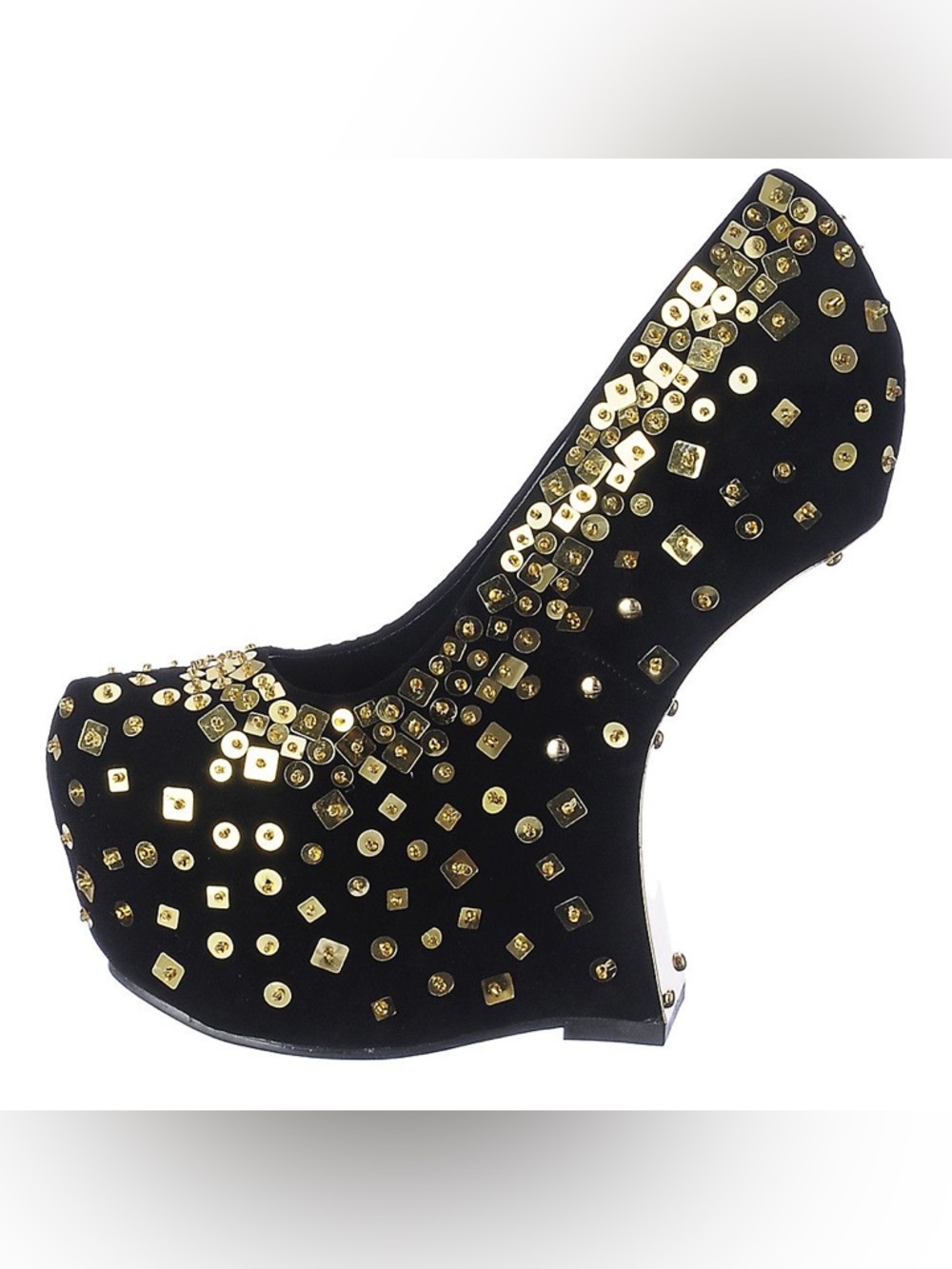 Studded Black Evening Wedge Heels with Gold Accents
